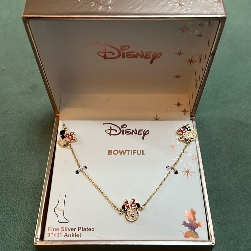 Disney Bowtiful Minnie Mouse Fine Silver Plated Anklet 9”+1” New NIB